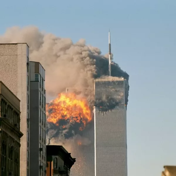 United Airlines Flight 175 crashes into the south tower of the World Trade Center complex in New York City during the September 11 attacks